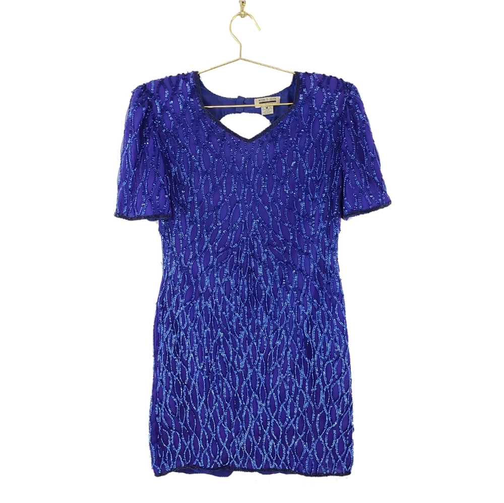 Vintage Blue Sequined Silk Keyhole Shift Dress M